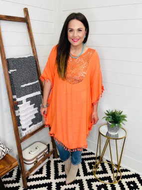 Orange Boho Crochet Cutout Tassel Coverup