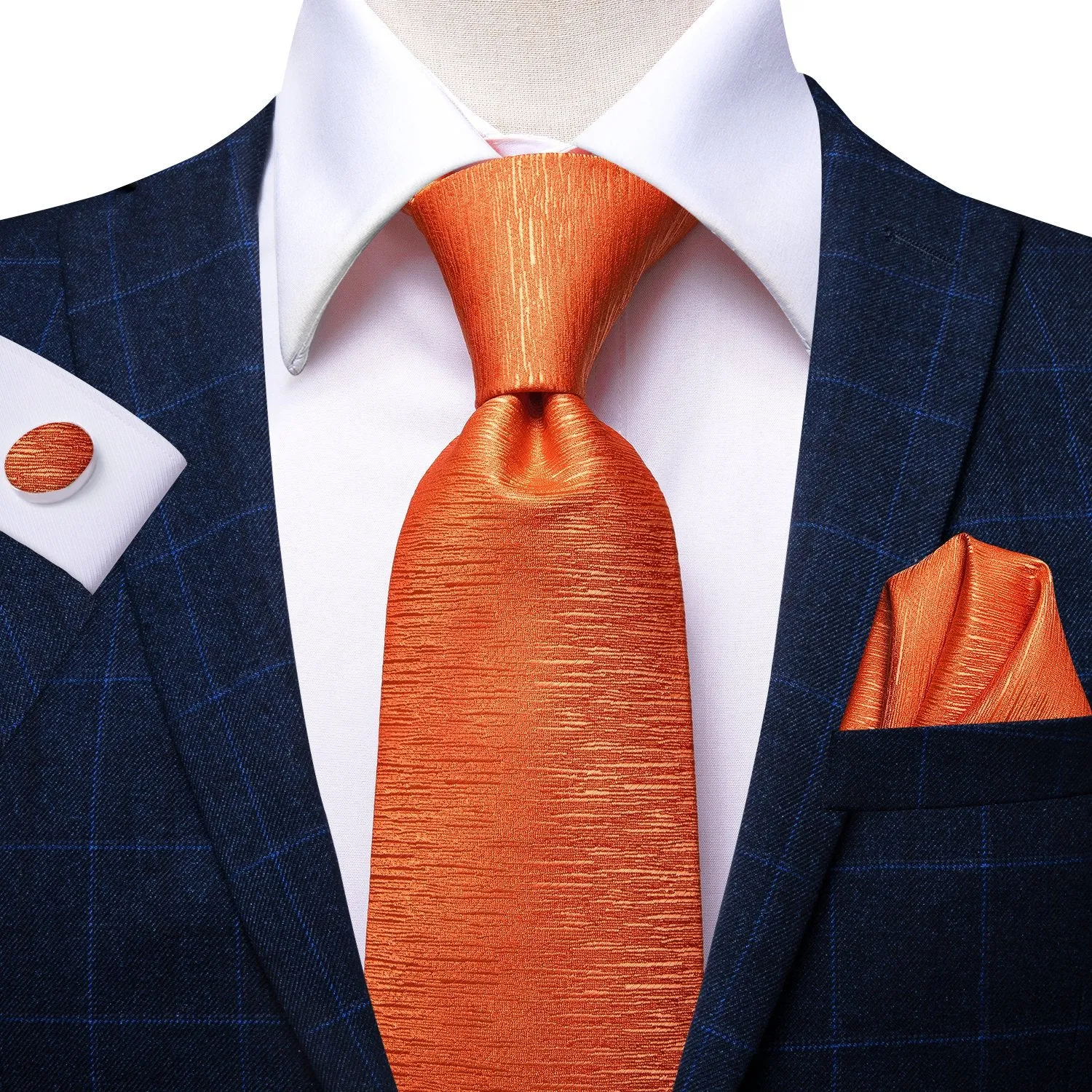 Orange Solid Tie Handkerchief Cufflinks Set with Wedding Brooch