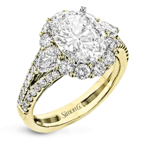 Oval-Cut Three-stone Halo Engagement Ring In 18k Gold With Diamonds