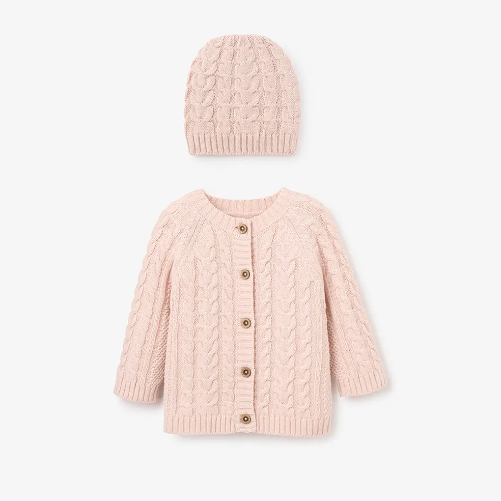 Pale Pink Horseshoe Cable Knit Cardigan & Hat Baby Boxed Gift Set