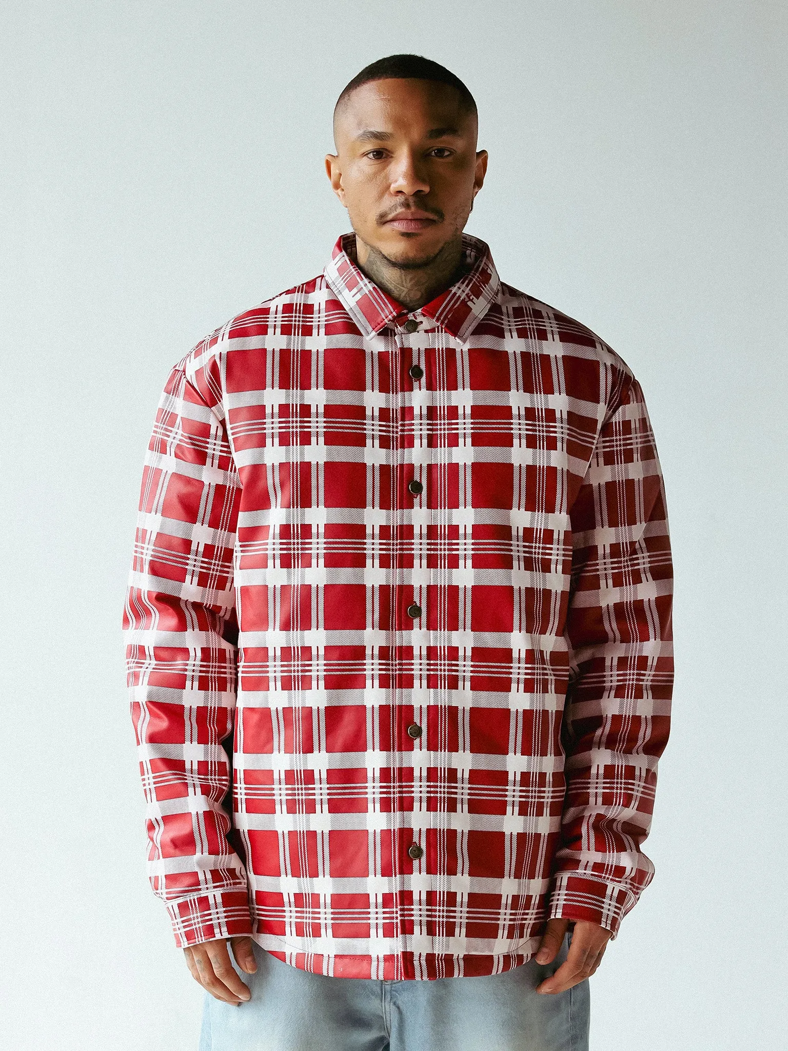 PLAID LEATHER PUFFER SHIRT | RED WHITE