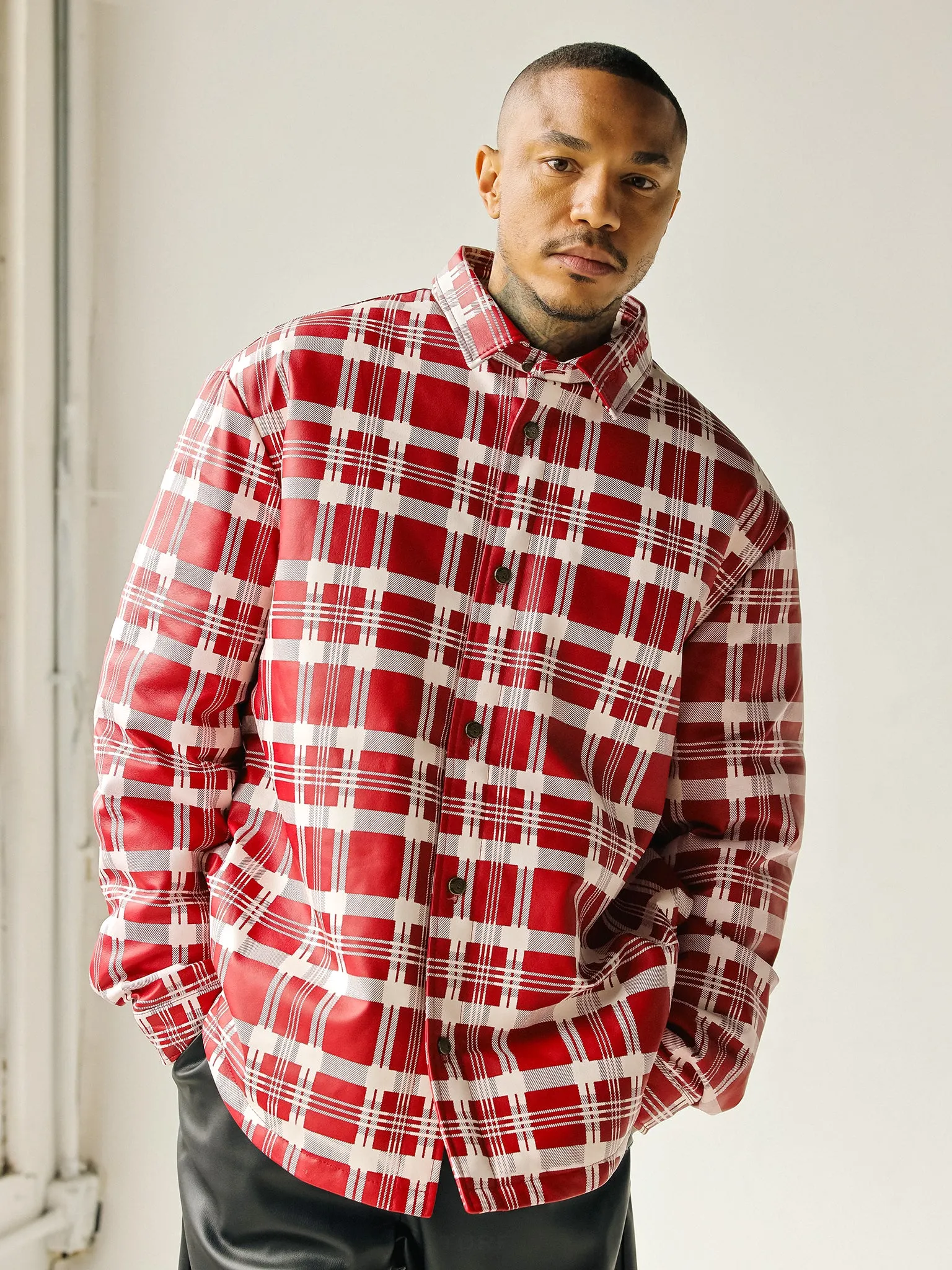 PLAID LEATHER PUFFER SHIRT | RED WHITE