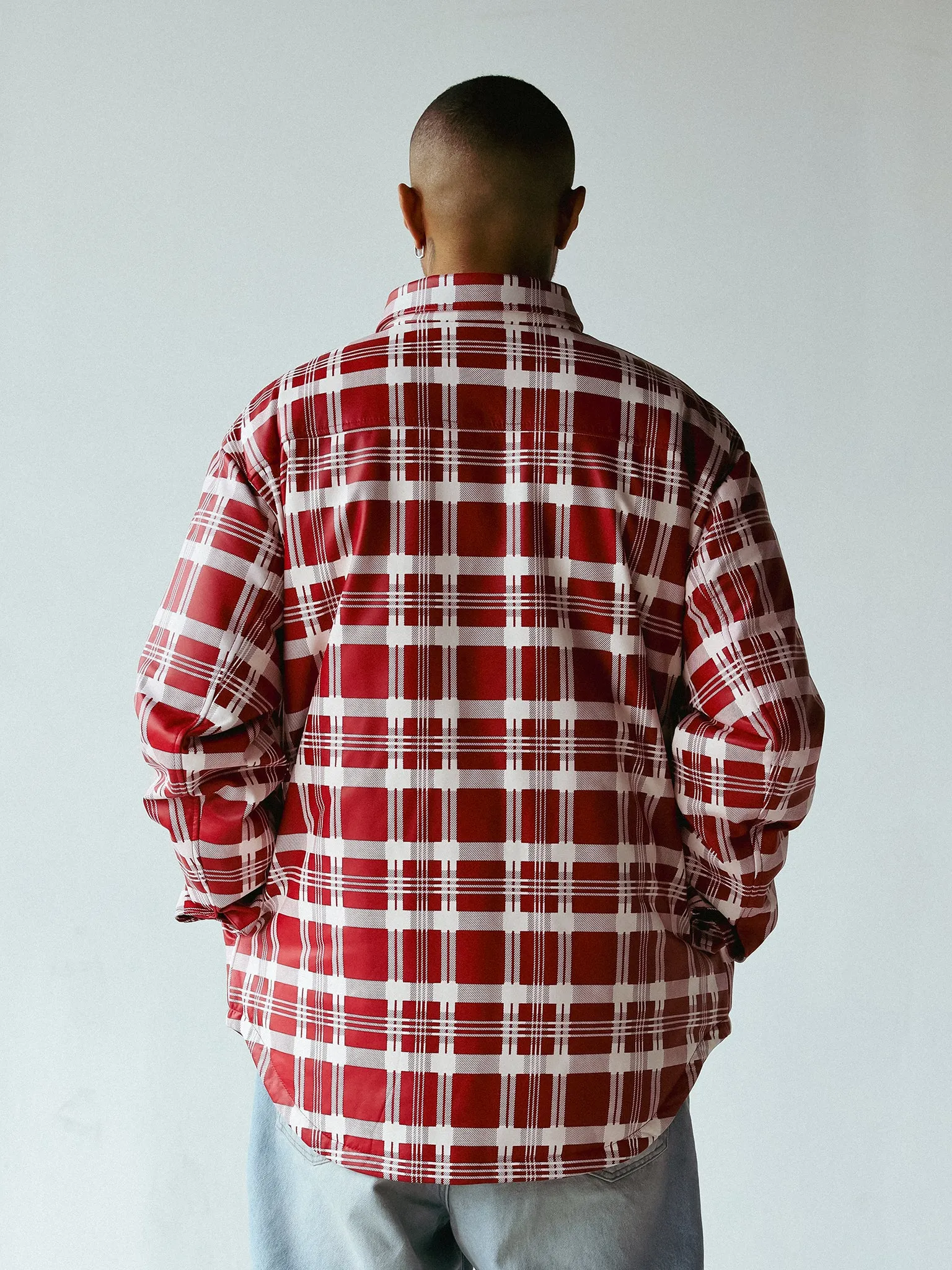 PLAID LEATHER PUFFER SHIRT | RED WHITE