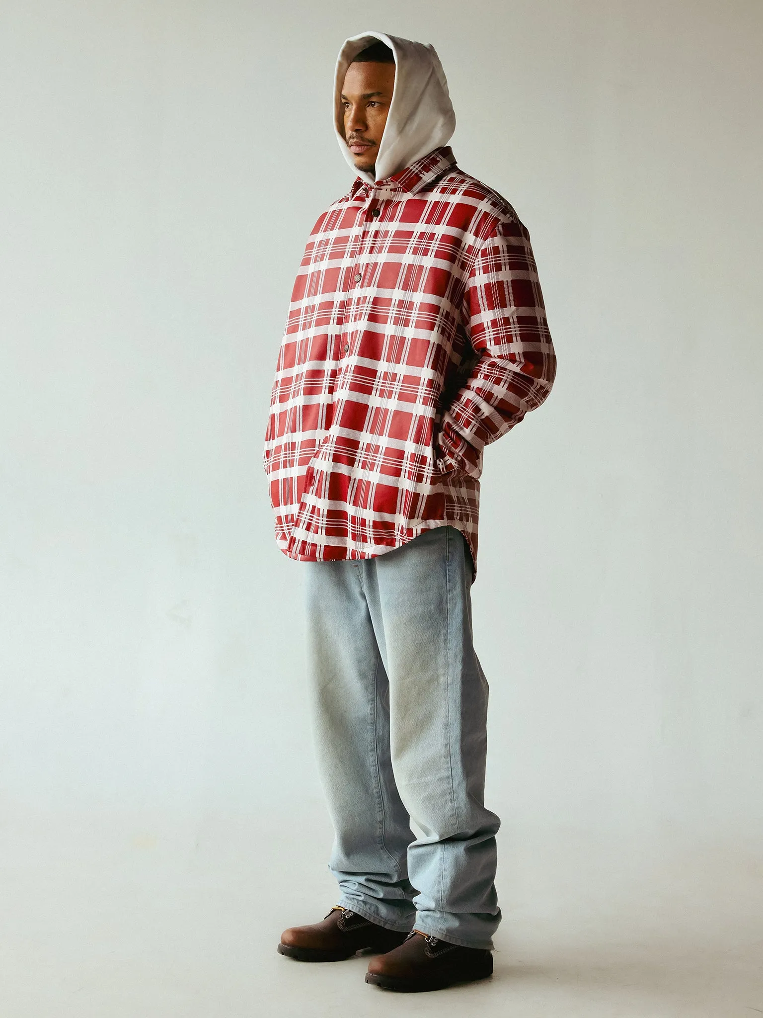 PLAID LEATHER PUFFER SHIRT | RED WHITE