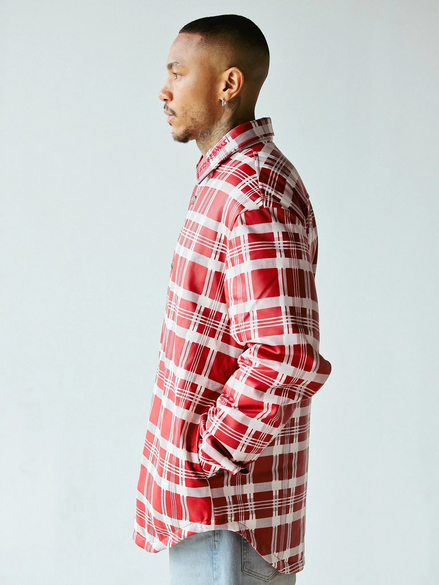 PLAID LEATHER PUFFER SHIRT | RED WHITE