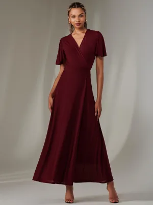 Plain Angel Sleeve Wrapped Maxi Dress, Burgundy