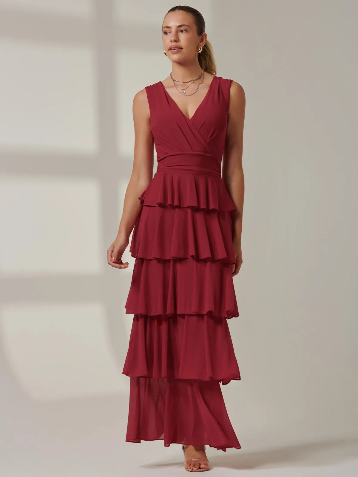 Plain Tiered Mesh Maxi Dress, Burgundy