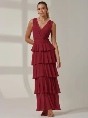 Plain Tiered Mesh Maxi Dress, Burgundy