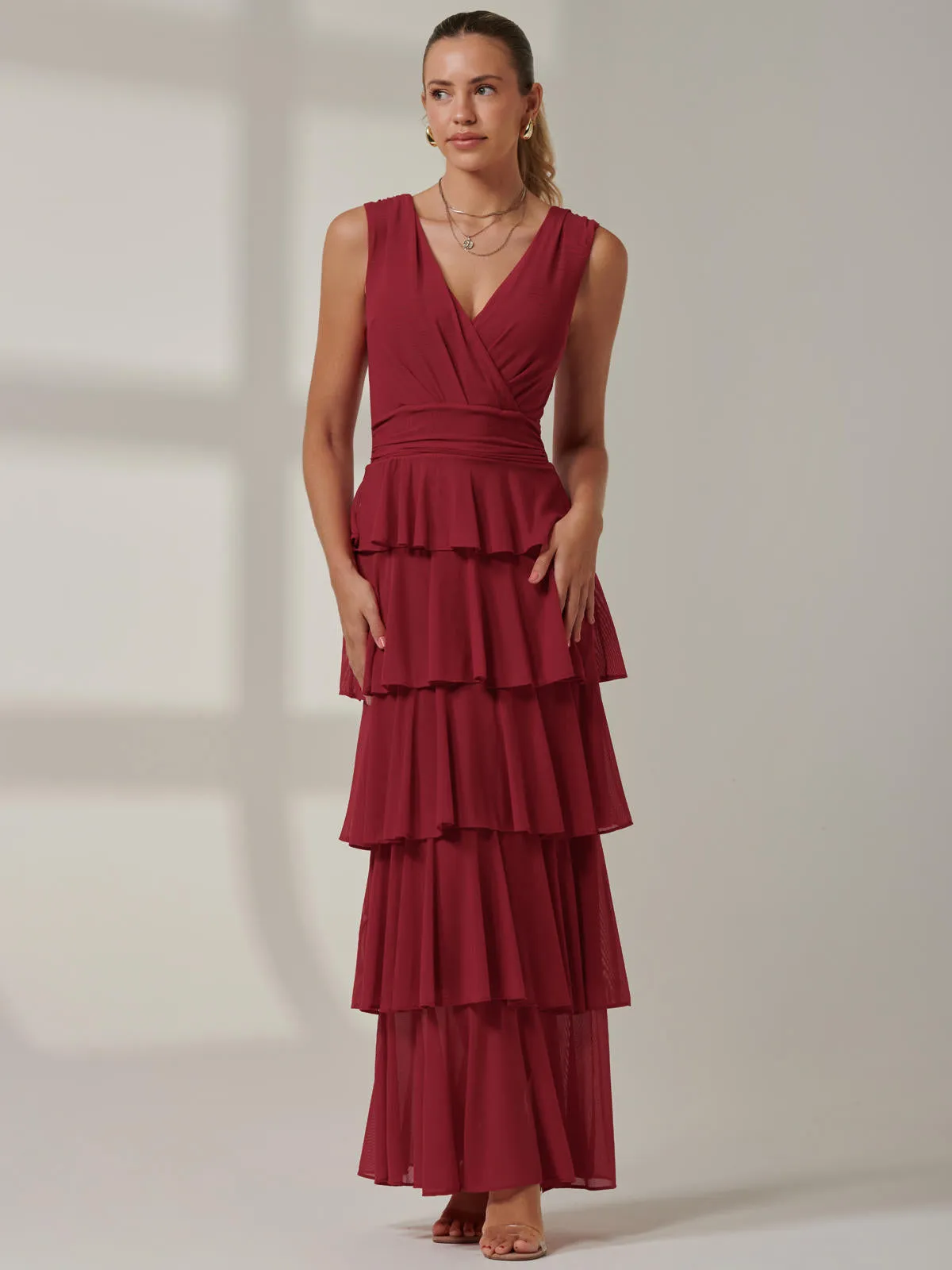 Plain Tiered Mesh Maxi Dress, Burgundy