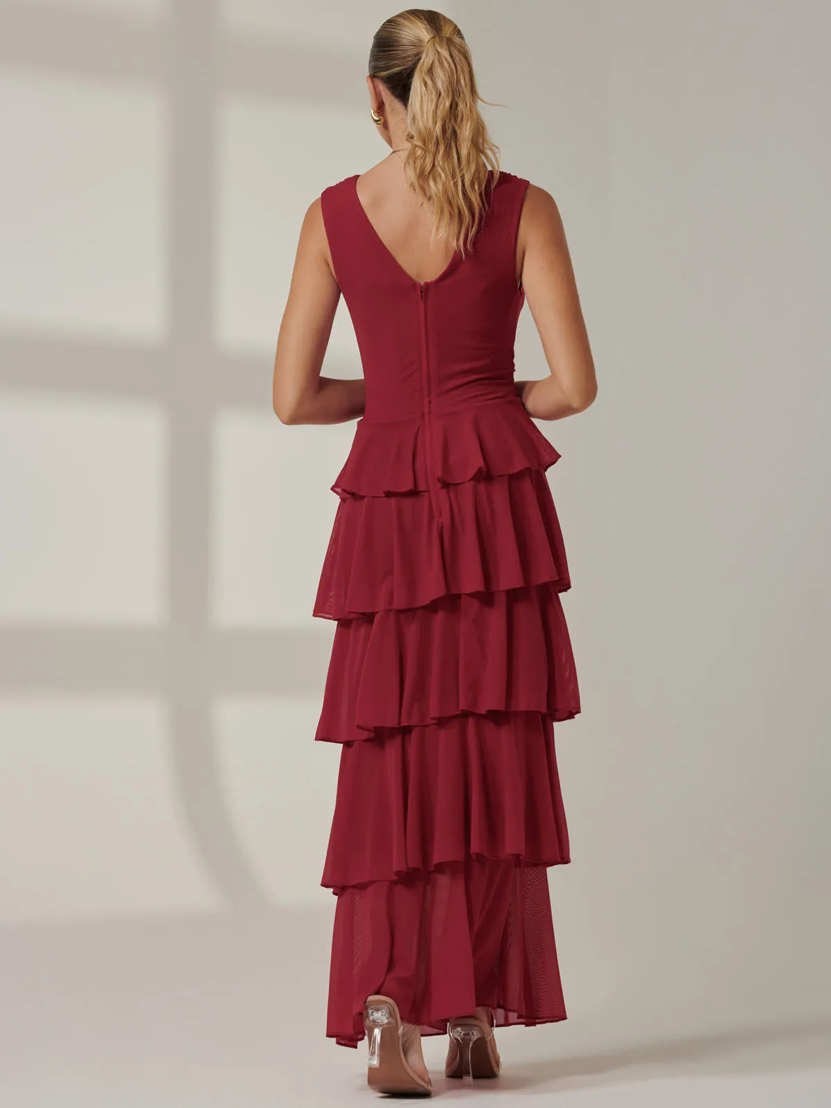 Plain Tiered Mesh Maxi Dress, Burgundy