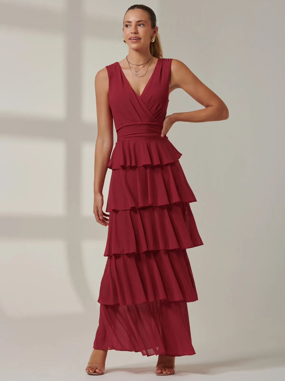 Plain Tiered Mesh Maxi Dress, Burgundy