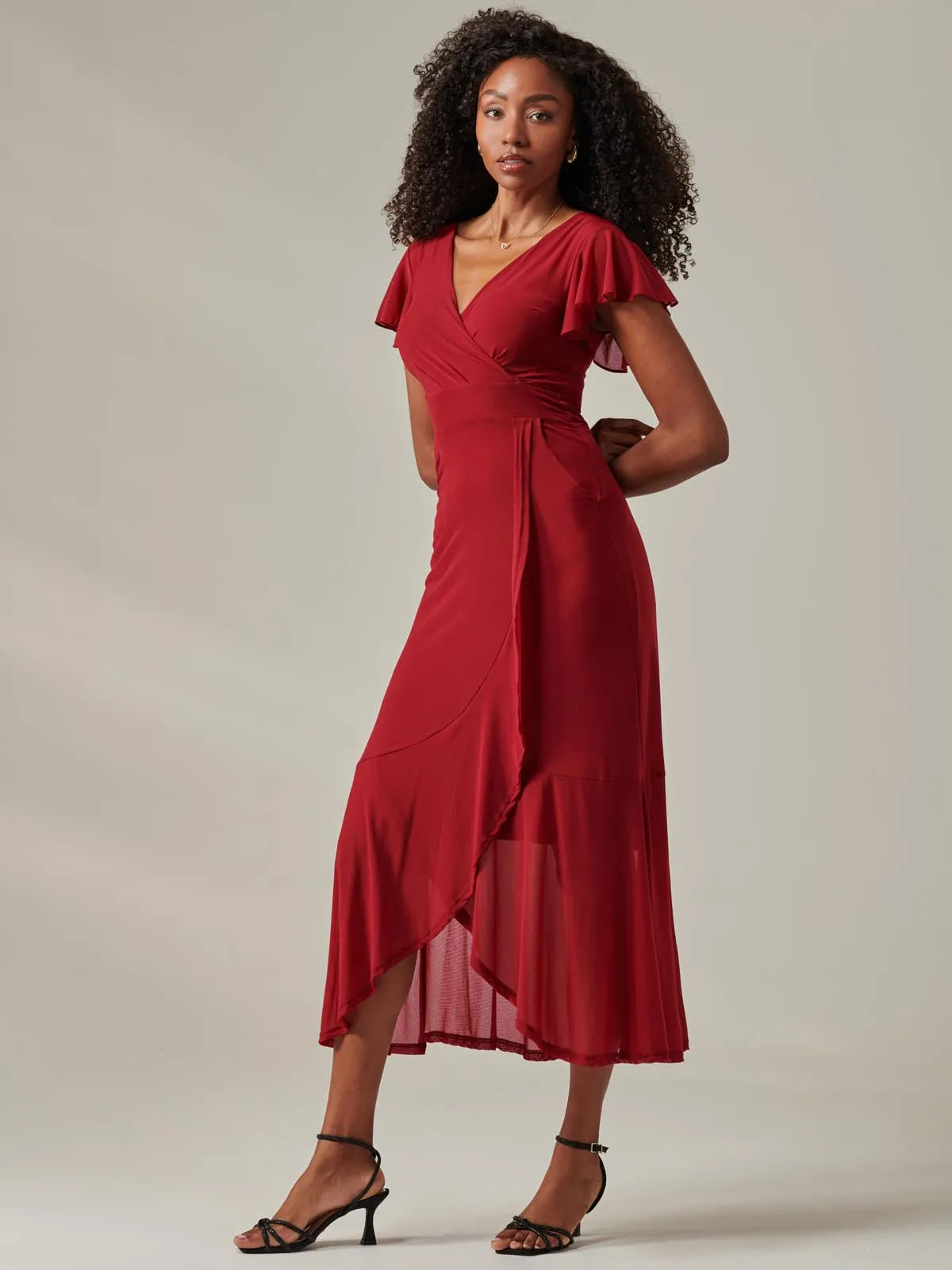 Plain Wrap Mesh Maxi Dress, Burgundy