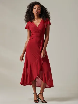 Plain Wrap Mesh Maxi Dress, Burgundy