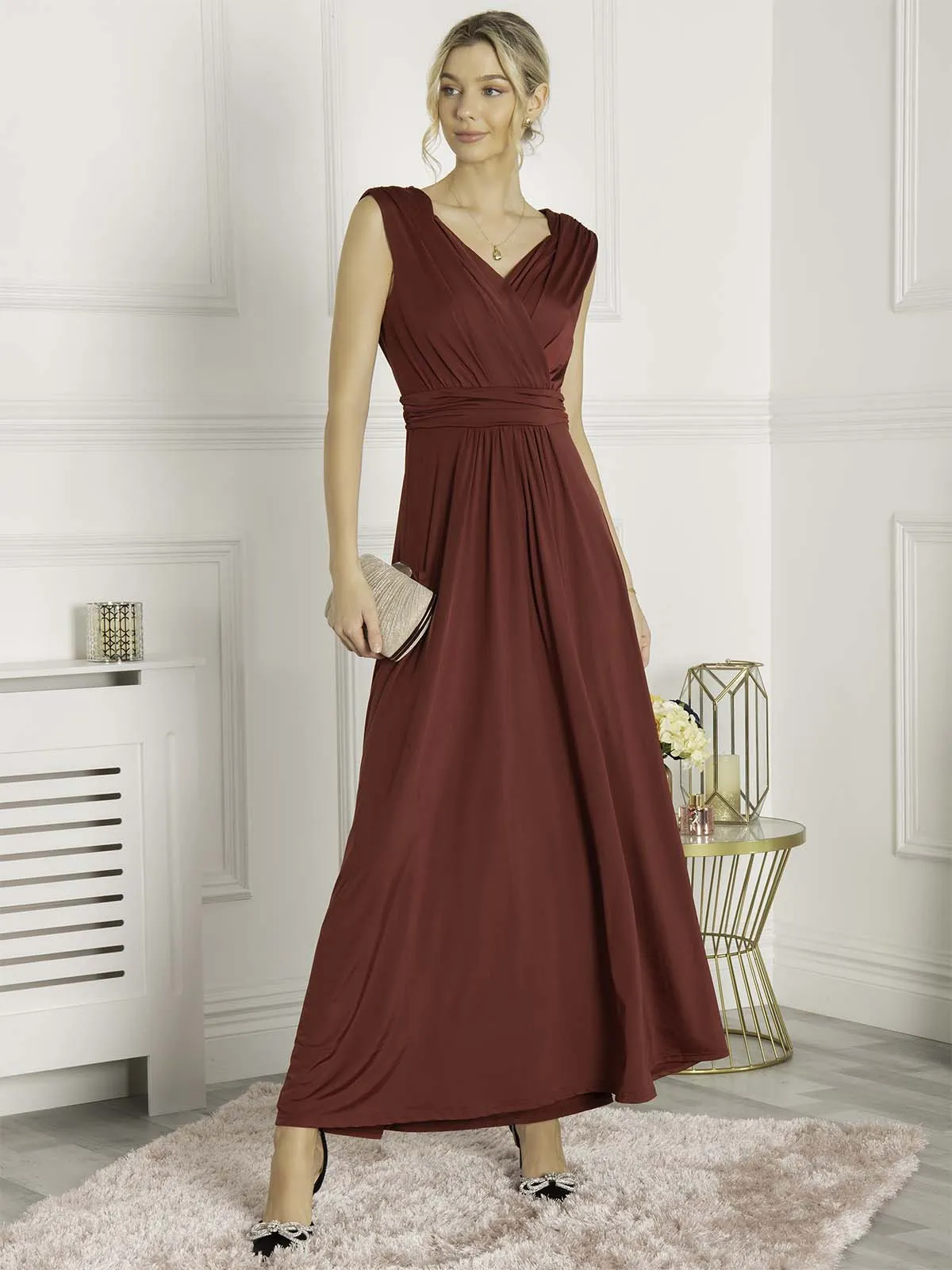 Plunge V Neck Draped Maxi Dress, Burgundy