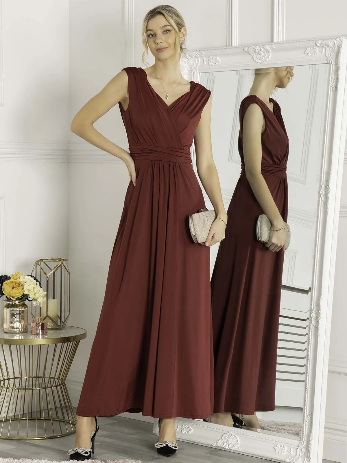 Plunge V Neck Draped Maxi Dress, Burgundy