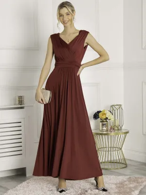 Plunge V Neck Draped Maxi Dress, Burgundy