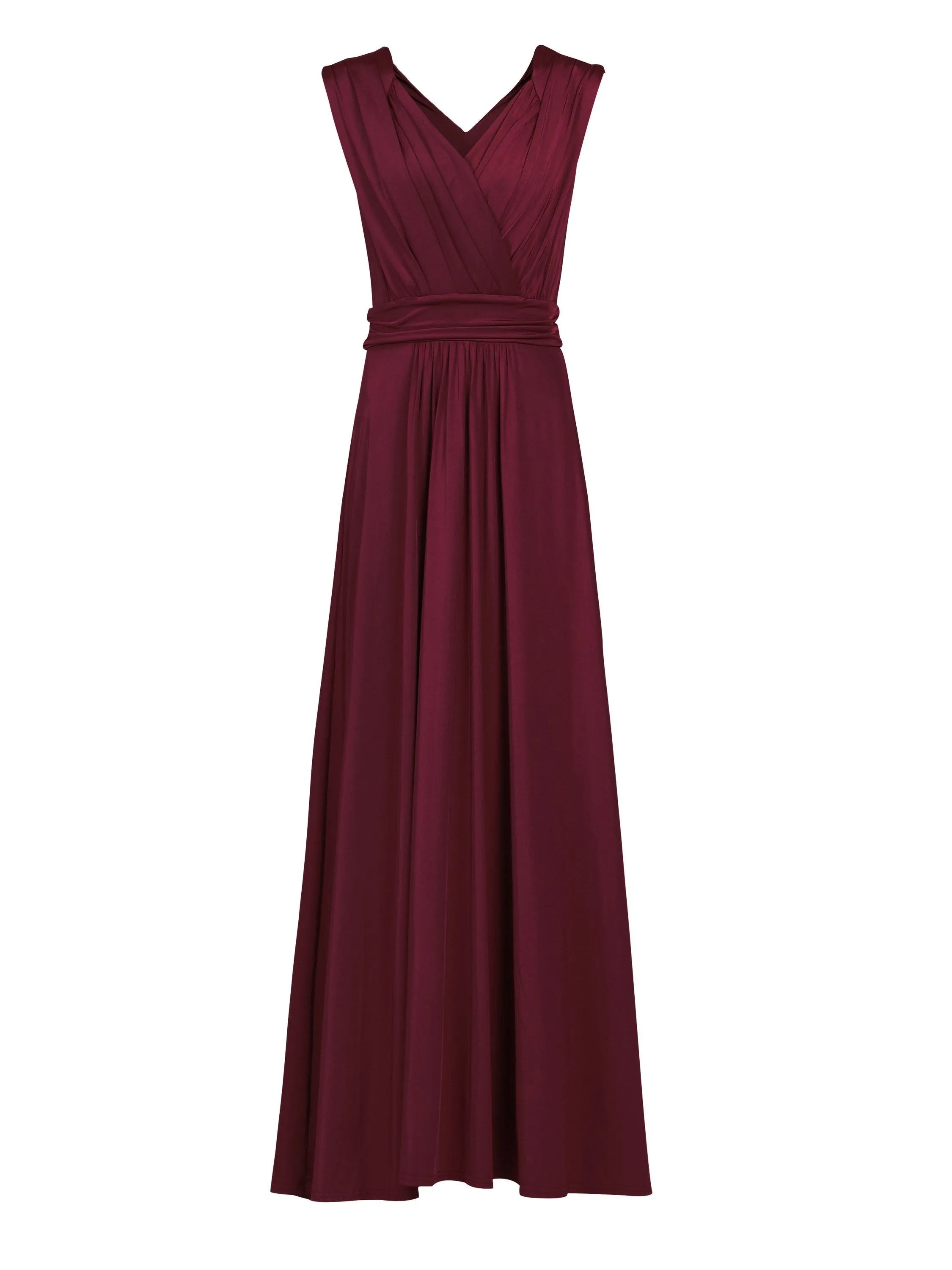 Plunge V Neck Draped Maxi Dress, Burgundy