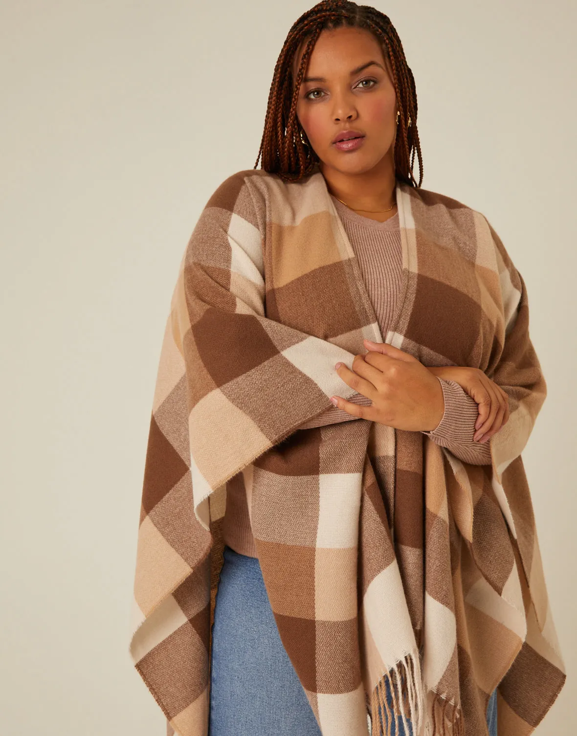 Plus Size Fringe Trim Plaid Poncho