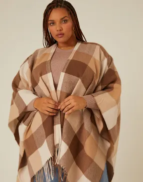 Plus Size Fringe Trim Plaid Poncho