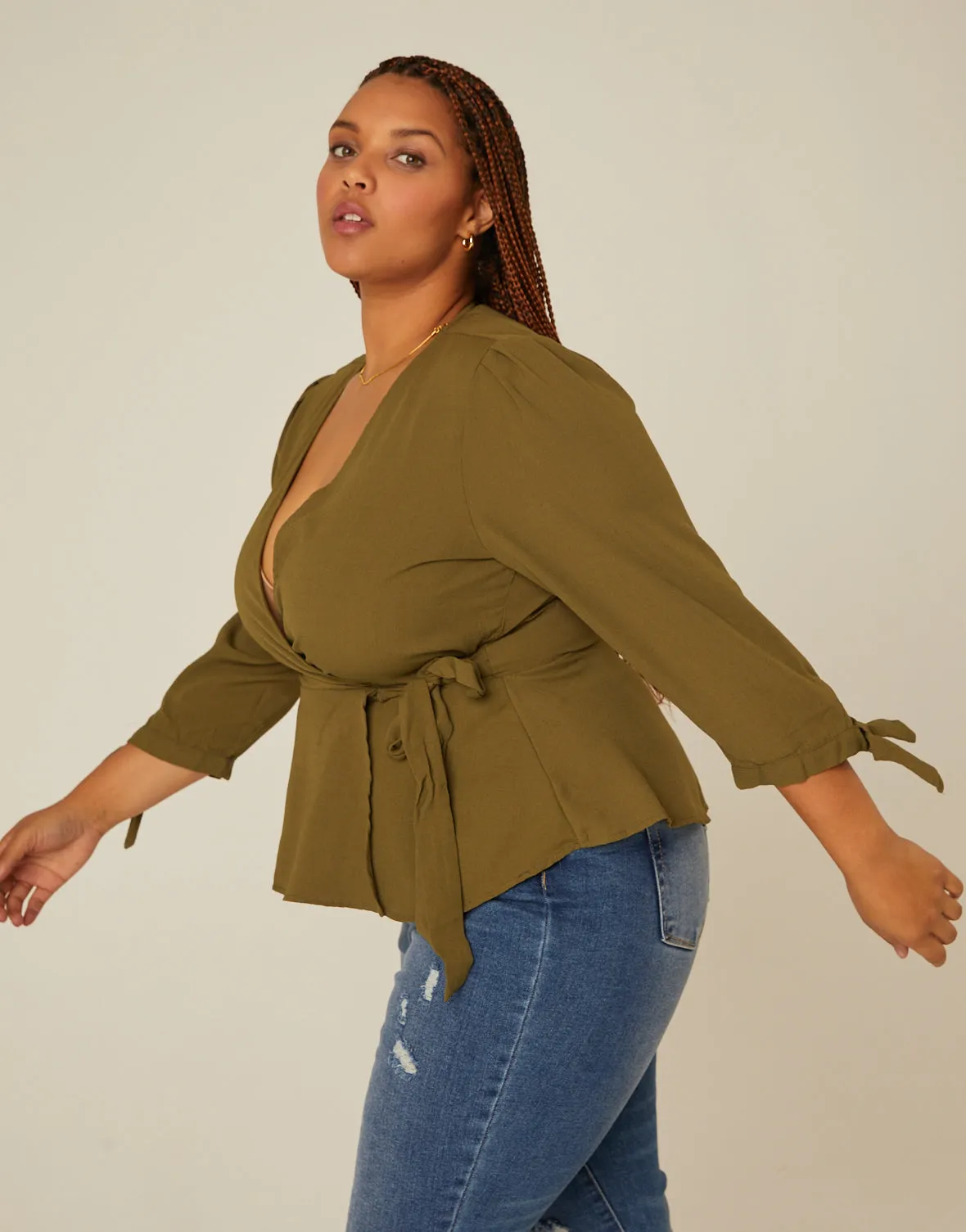 Plus Size Long Sleeve Woven Wrap Top