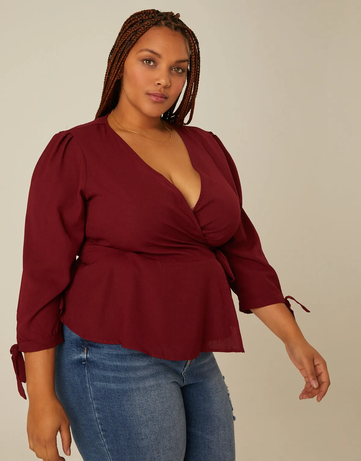 Plus Size Long Sleeve Woven Wrap Top