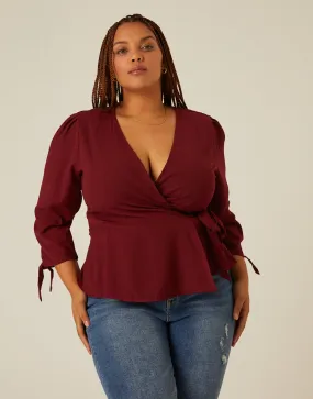 Plus Size Long Sleeve Woven Wrap Top