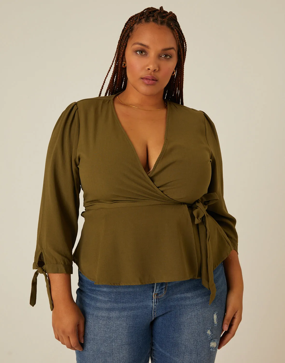 Plus Size Long Sleeve Woven Wrap Top