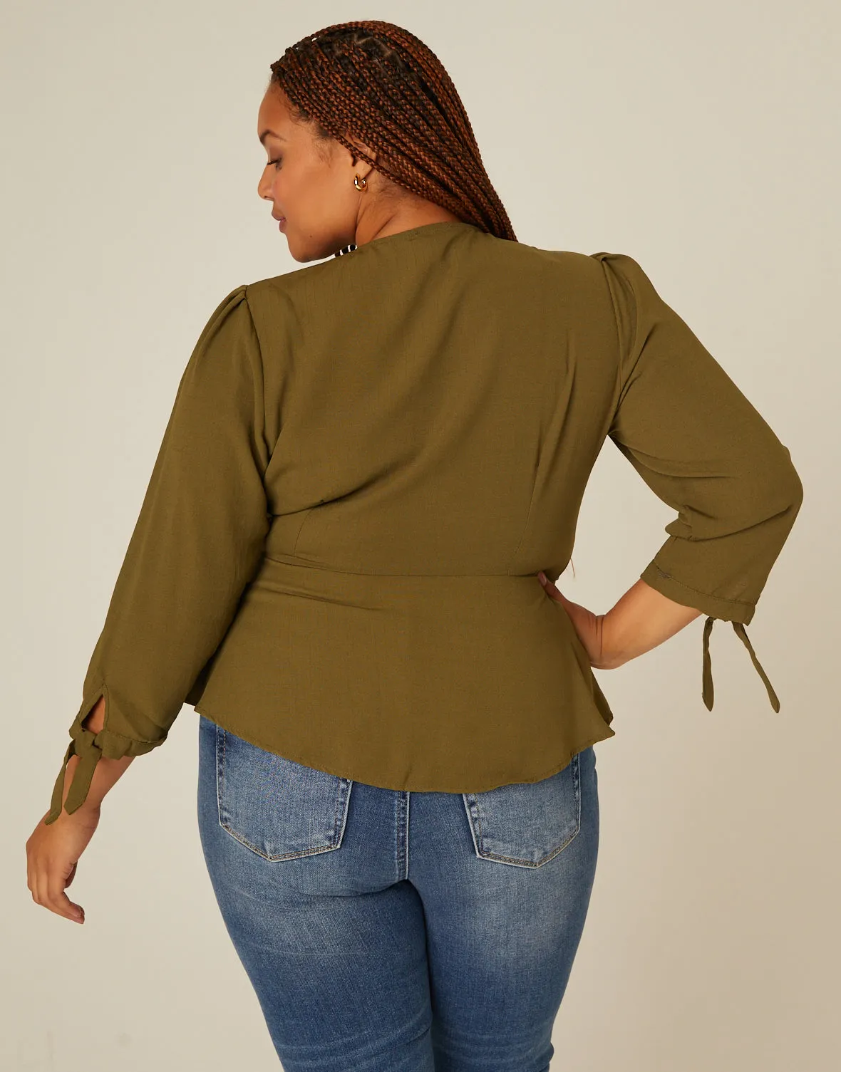 Plus Size Long Sleeve Woven Wrap Top