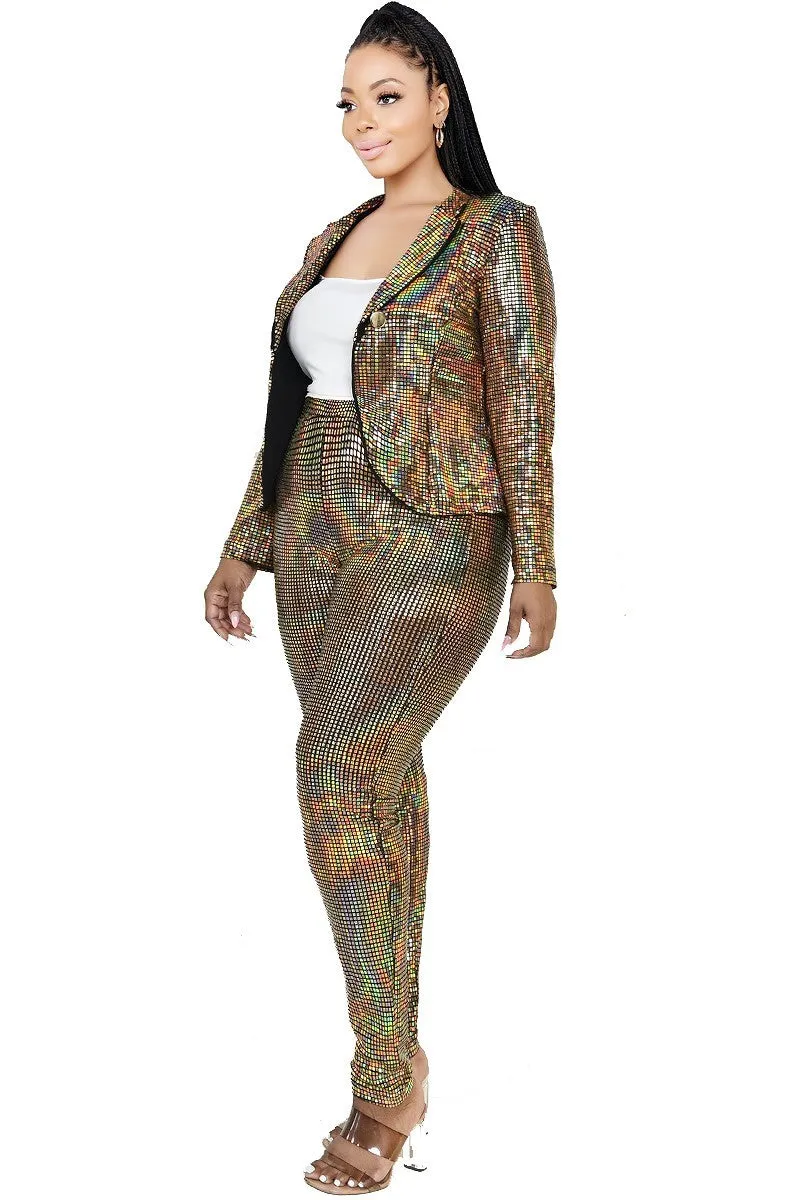 Plus Size Metallic Sequins 2 Piece Jacket And Pants Set