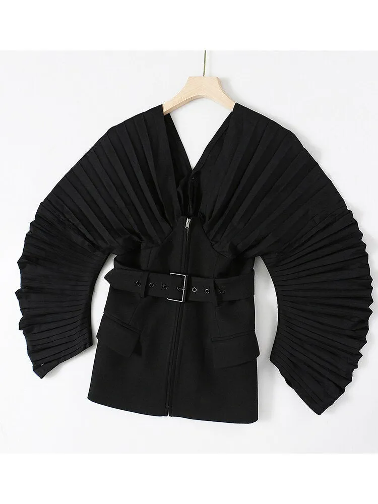 Pre Order:  Black Pleated Belted Blazer