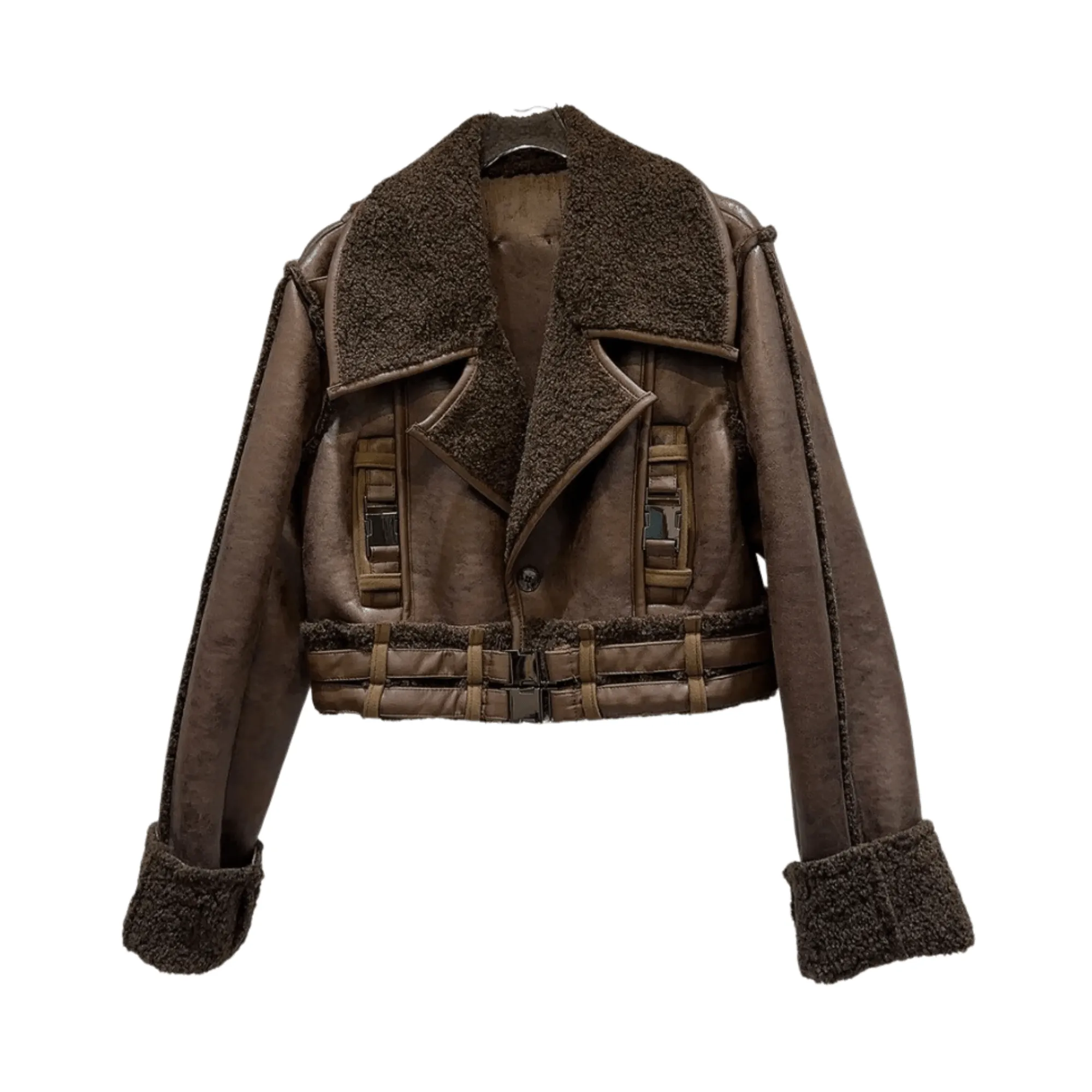 Pre Order:  Buckles Faux Fur Turn-Down Collar Jacket