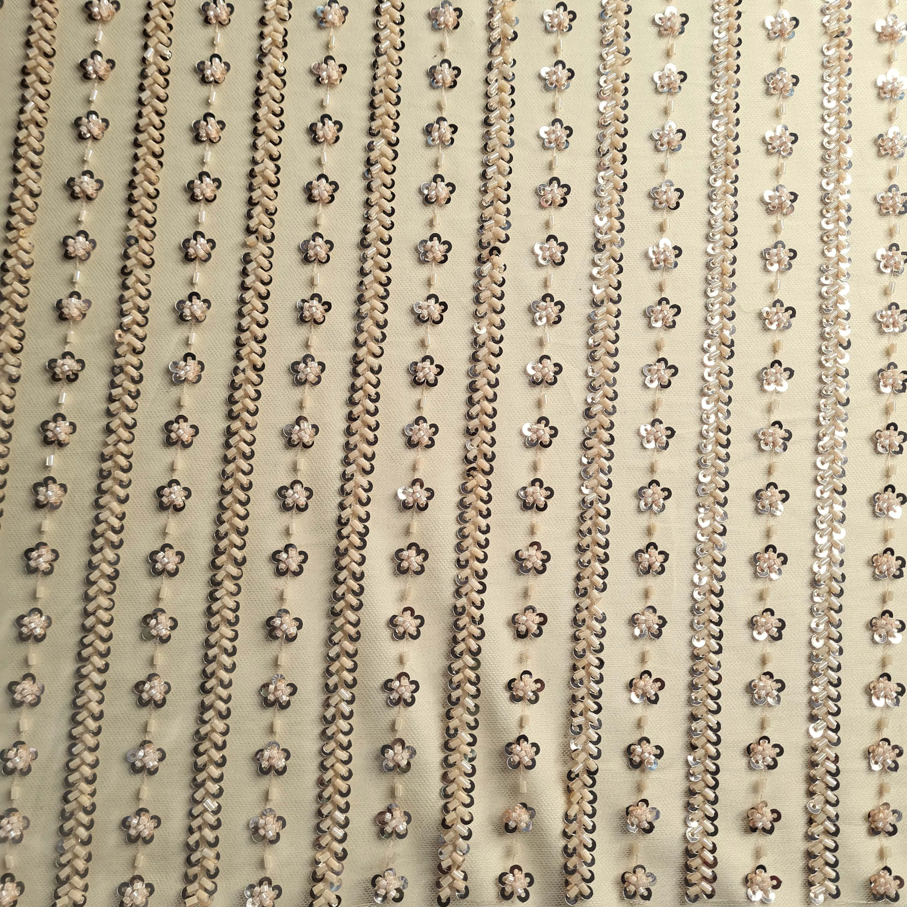 Premium Net Dark Cream Stripes CutDana Sequins Embroidery Fabric