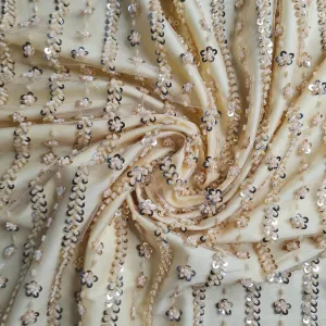 Premium Net Dark Cream Stripes CutDana Sequins Embroidery Fabric