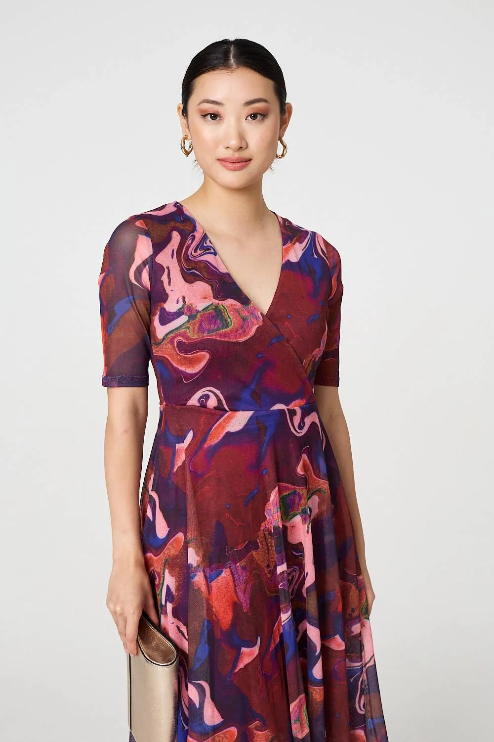 Printed Semi Sheer 1/2 Sleeve Midi Dress