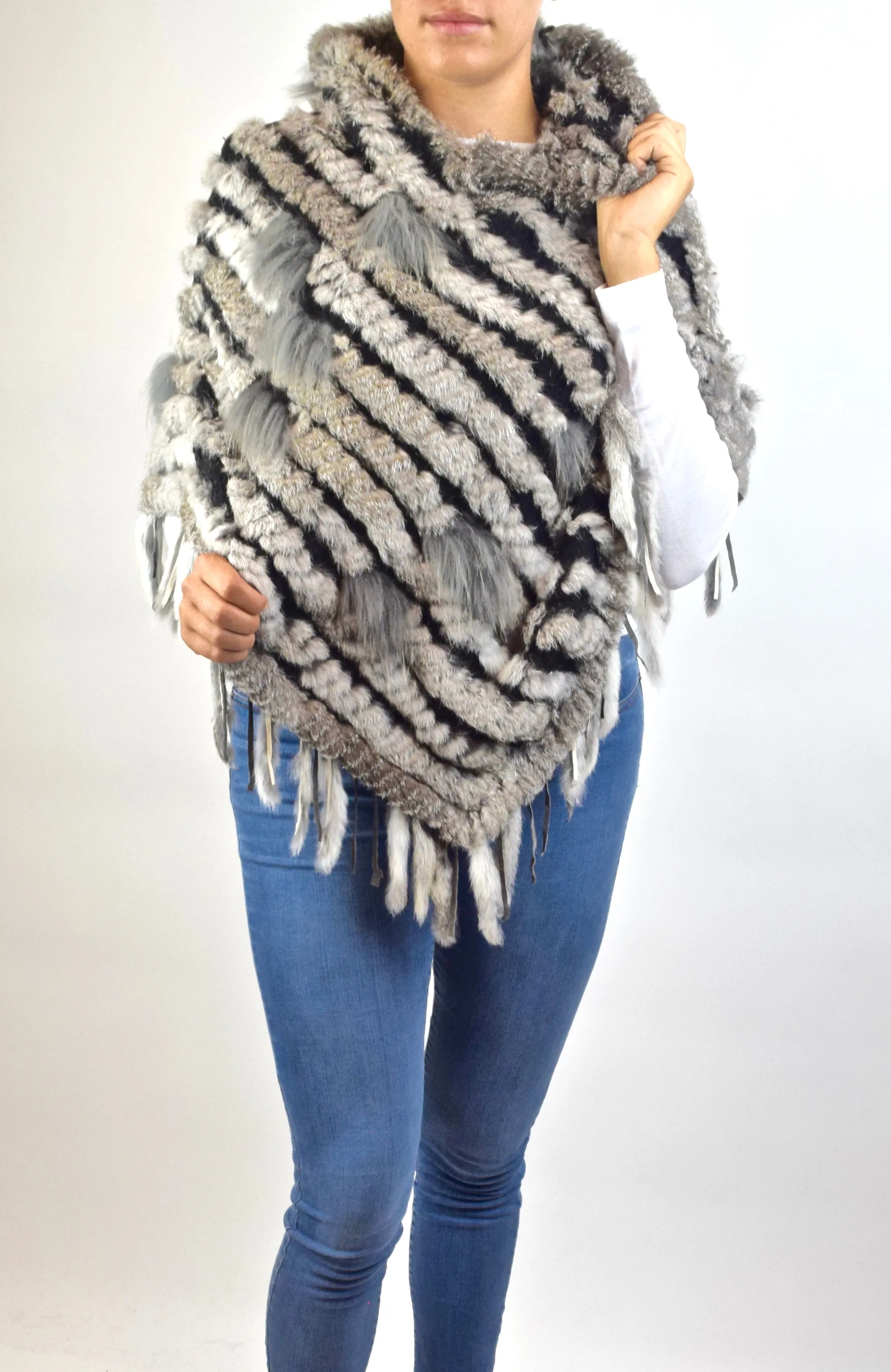 Rabbit & Raccoon Fur Poncho with Hood