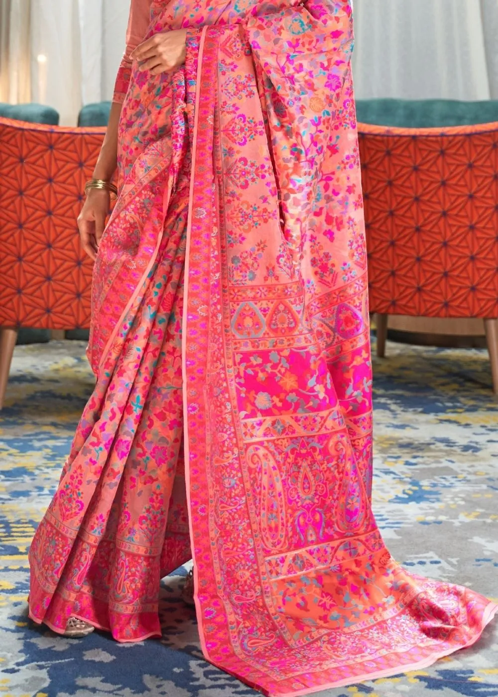 Rouge Pink Banarasi Jamawar Woven Silk Saree : Top Pick