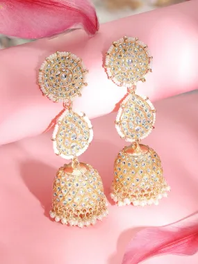 Rubans 22K Gold Plated Kundan With Pearl Beaded Layered Statement Jhumka Earrings