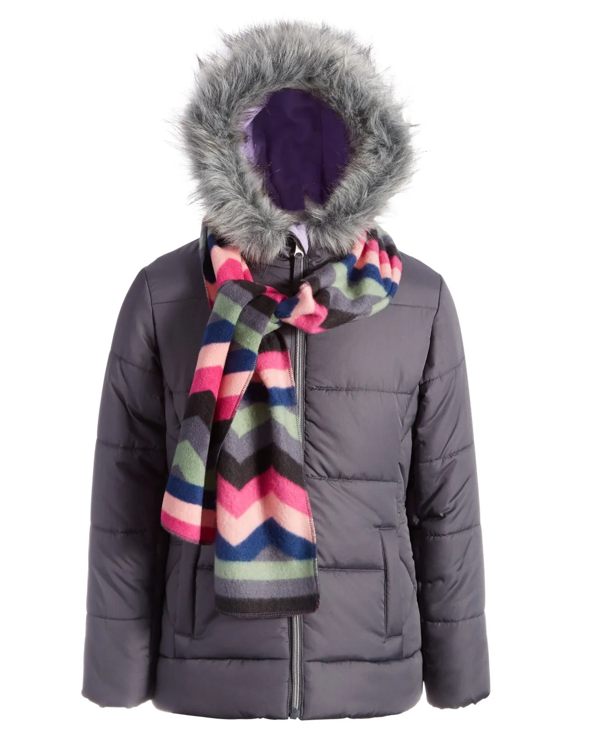 S Rothschild & Co Big Girls Solid Quilted Puffer Jacket and Scarf Set - Charcoal