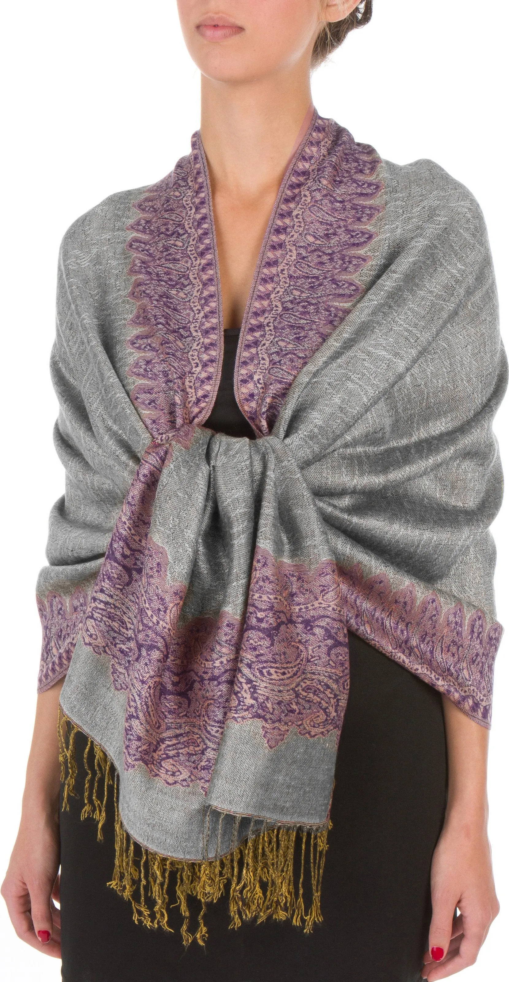 Sakkas 70" x 28" Border Pattern Layered Woven Pashmina Shawl Scarf Wrap Stole