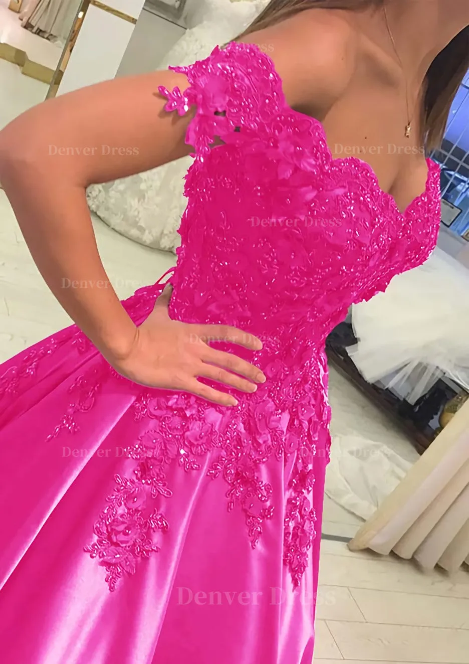 Satin Court Train A-Line/Princess Sleeveless Off-The-Shoulder Prom Dress With Appliqued