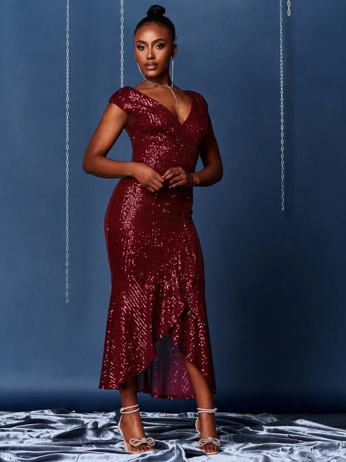 Sequin Wrap Fishtail Maxi Dress, Burgundy