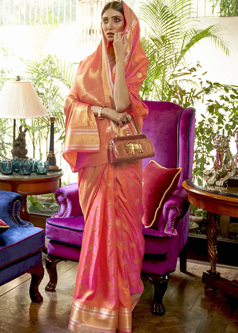 Shades Of Pink Kanjivaram Silk Saree Woven with Silver & Golden Zari