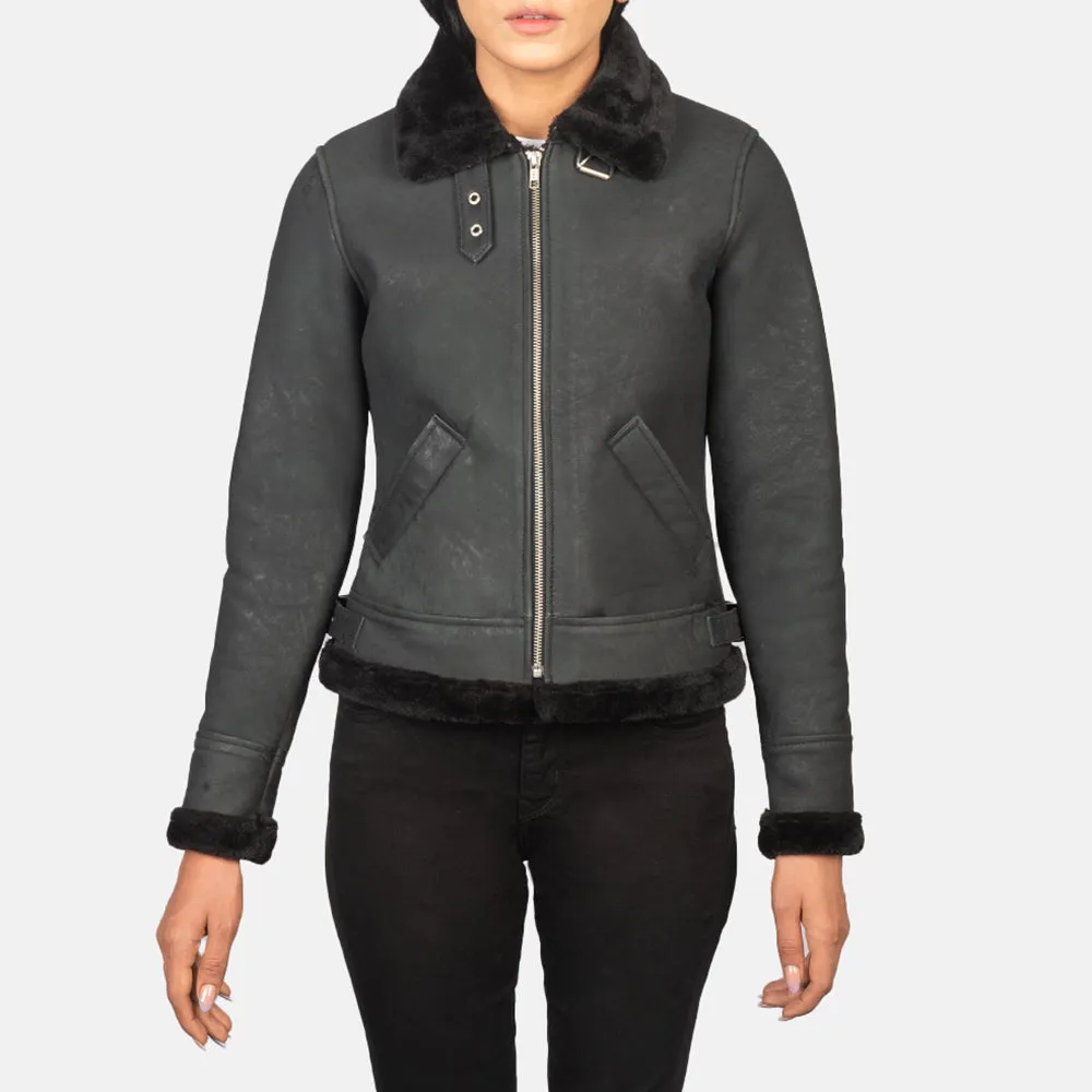 Sherilyn B-3 Distressed Black Leather Bomber Jacket