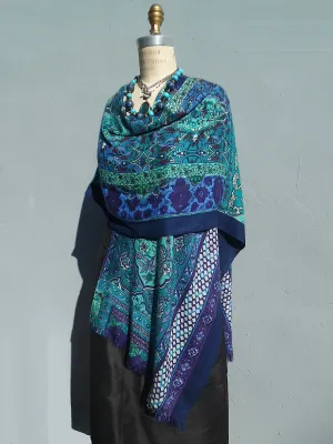 Silk Cashmere Kimono Cape Navy Turquoise Ivory