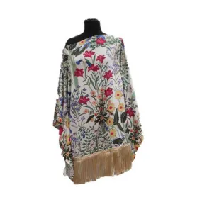 Silk Like Floral Fringe Poncho