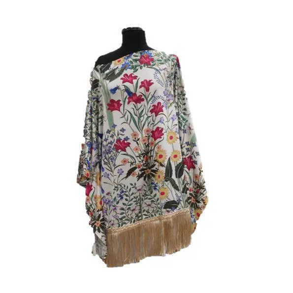 Silk Like Floral Fringe Poncho