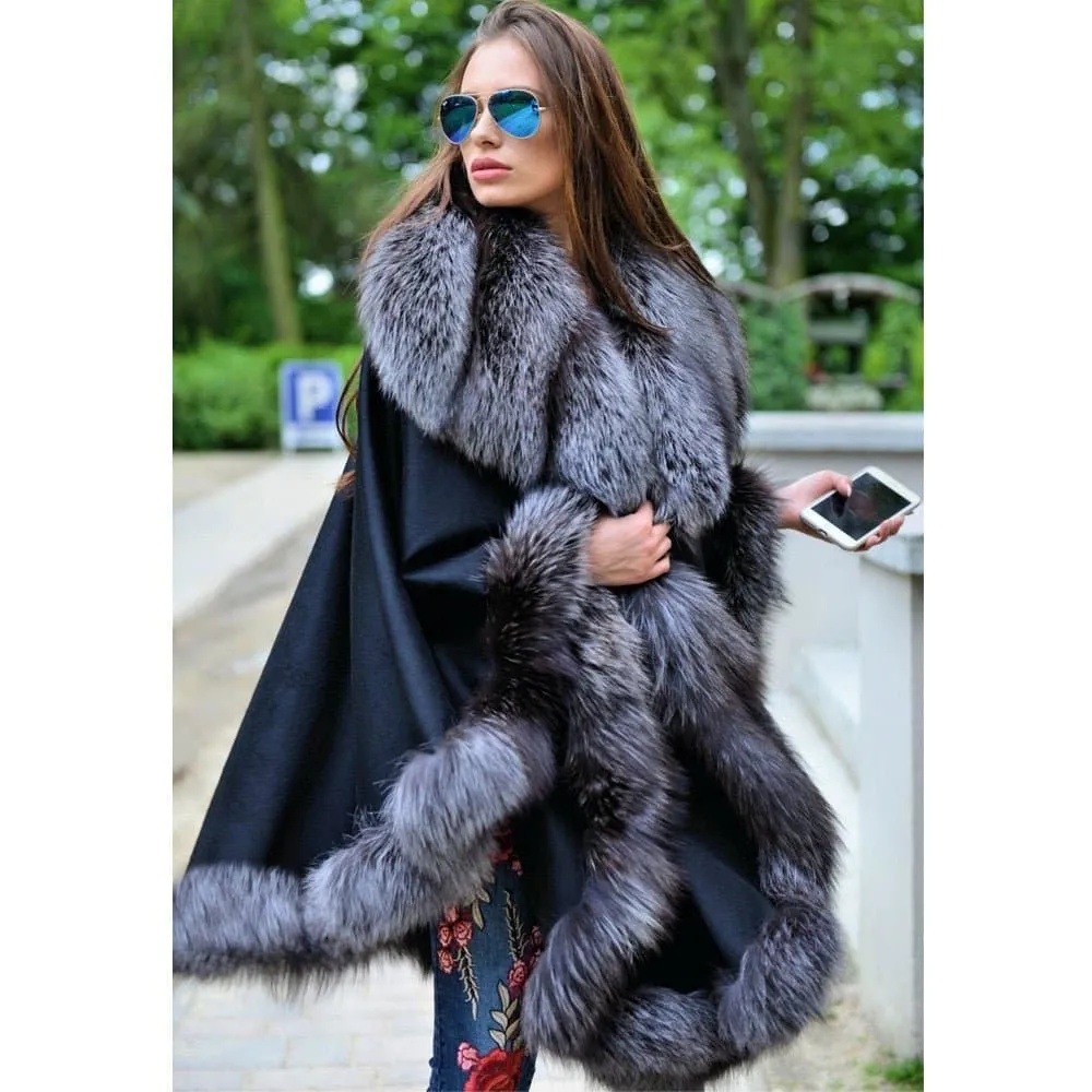 Silver Fox Fur Collar Cashmere Cape with Glamorous Style and Superior Warmth