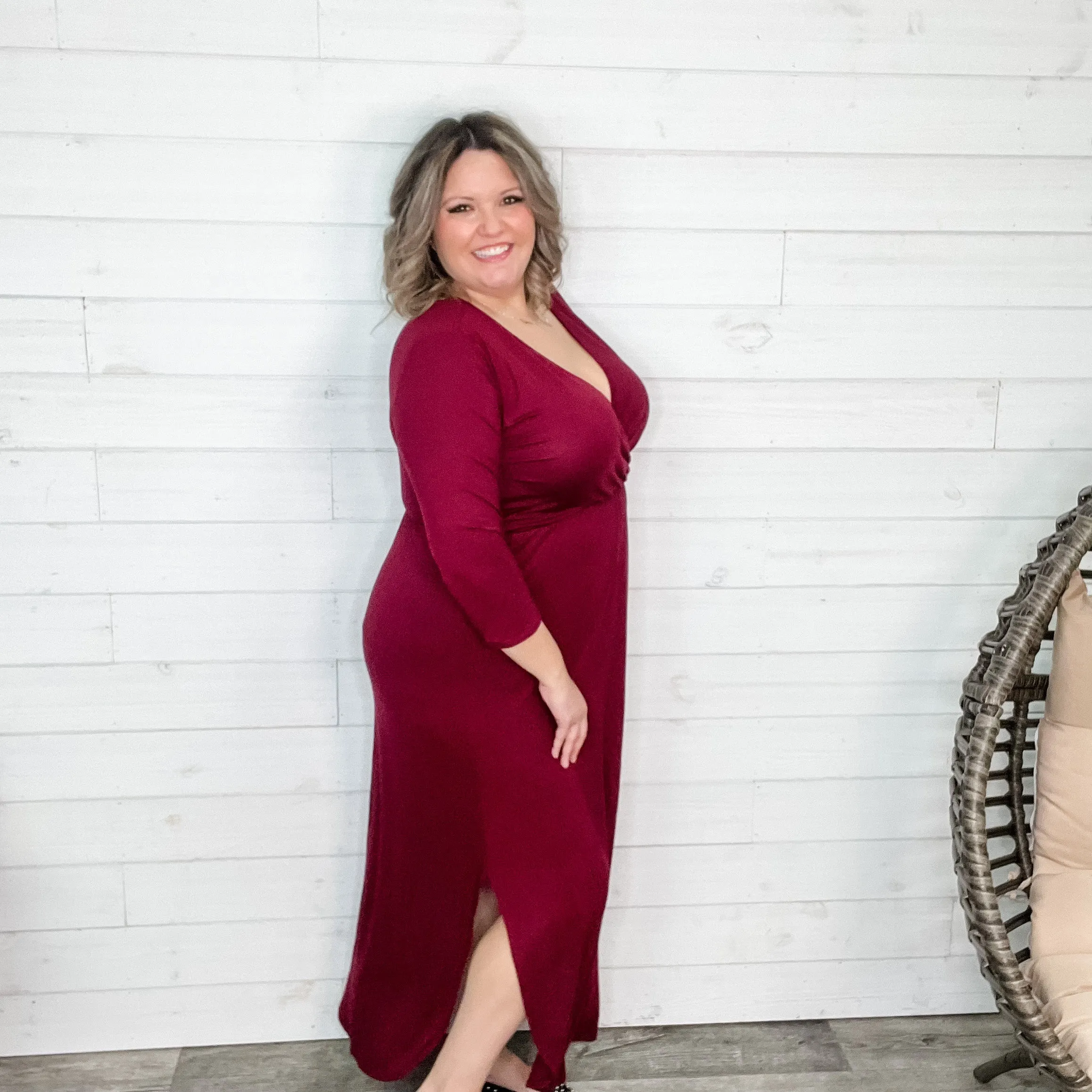 Solid 3/4 Sleeve Wrap Dress with Pockets (Burgundy)