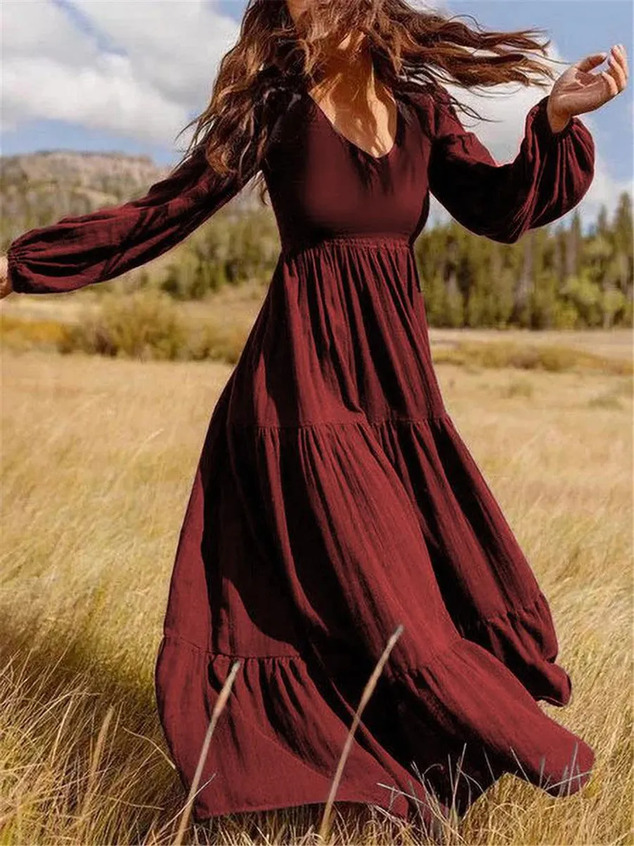 Solid Color V-neck Long Sleeve Loose Dress