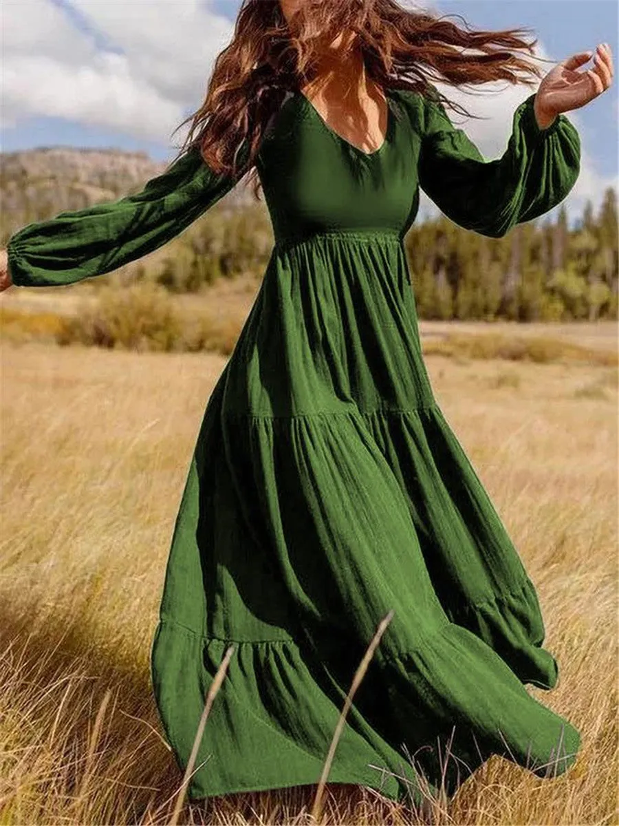 Solid Color V-neck Long Sleeve Loose Dress